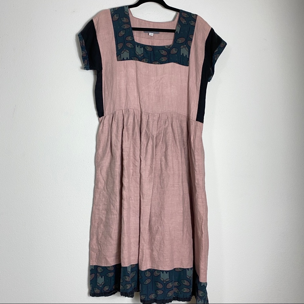 Ponica NYC Tulip Print Trim Fit Flare Lagenlook Linen Blend Dress